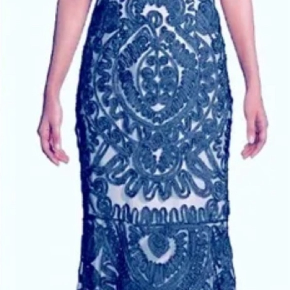 JS Collections Dresses | Two Tone Sleeveless Soutache on Mesh Mermaid Midi Dress